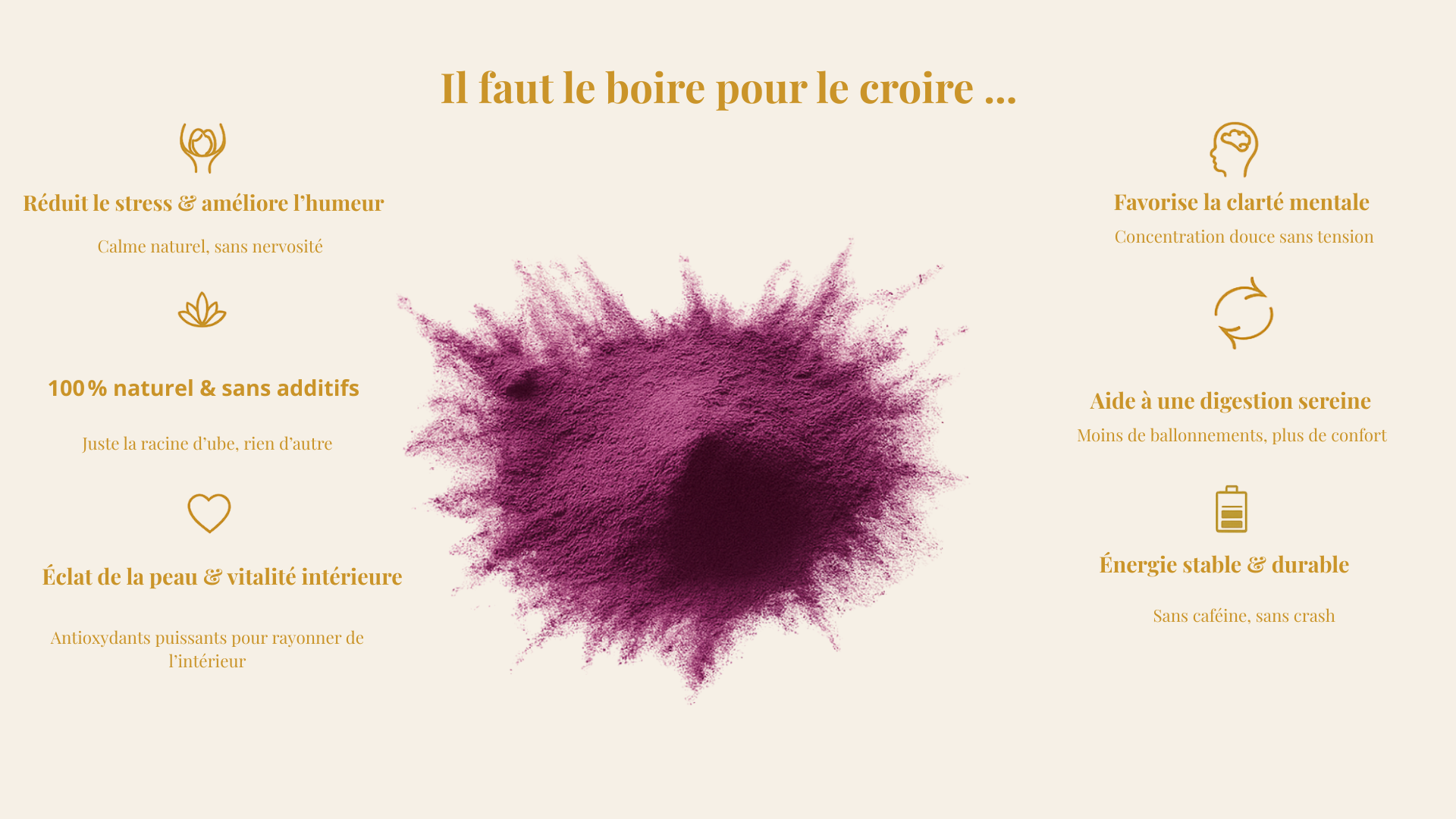 Image présentant les bienfaits de la poudre d’ube Bayana : réduit le stress, favorise la digestion, améliore la clarté mentale, éclat de la peau, énergie stable et produit 100 % naturel